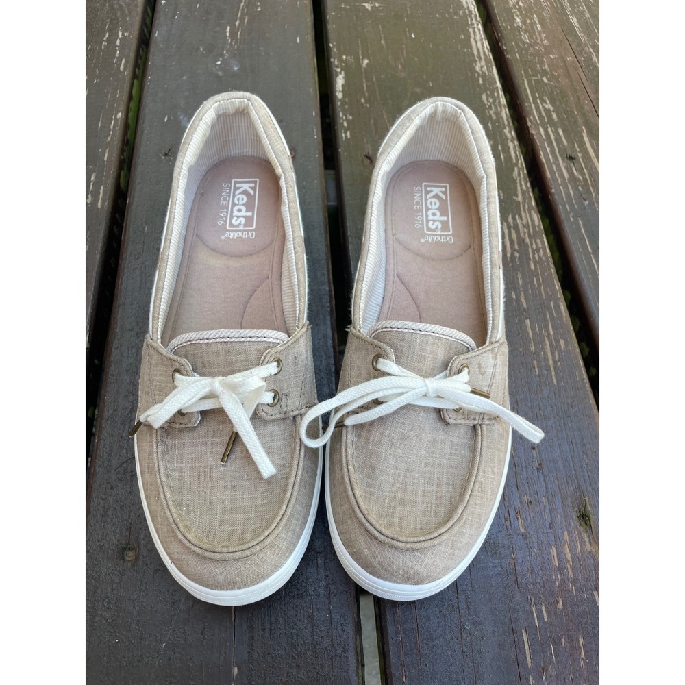 Keds Ortholite Tan Linen Boat Shoes Womens 9 Slip On Sneakers WF57999